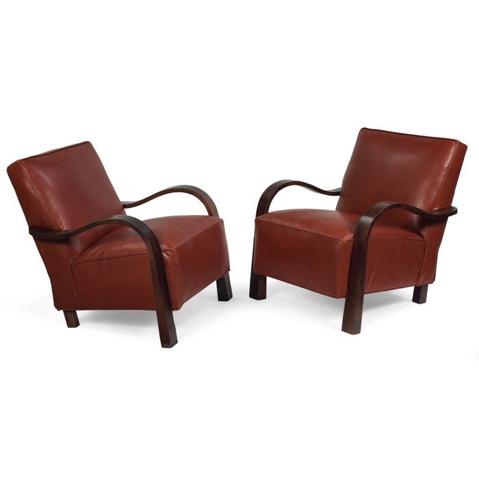 Appraisal: Midcentury Italian lounge chairs pair molded wood armrests form the