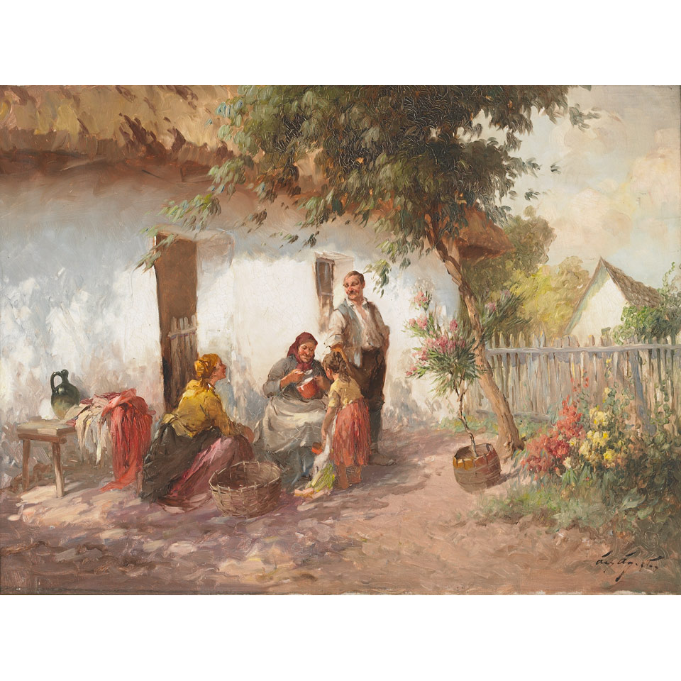 Appraisal: Agoston Acs - Hungarian FAMILY ON WASHDAY IN A SUNLIT