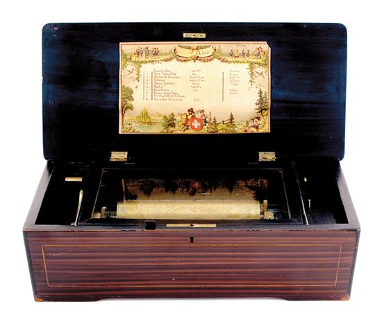 Appraisal: Swiss cylinder music box circa inlaid rosewood and painted box