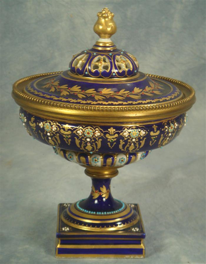 Appraisal: Sevres porcelain covered compote gilt jeweled decoration gilt bronze interior