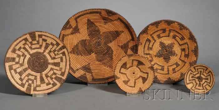 Appraisal: Five Southwest Coiled Basketry Trays Pima c first quarter th