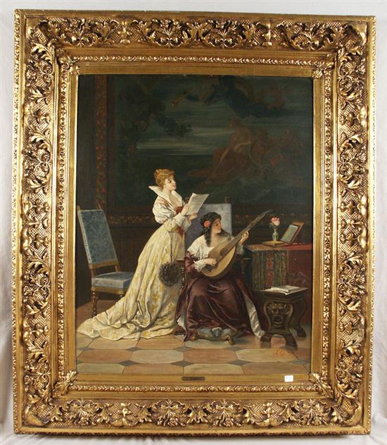 Appraisal: CONTINENTAL SCHOOL th century LADIES PERFORMING IN INTERIOR oil on