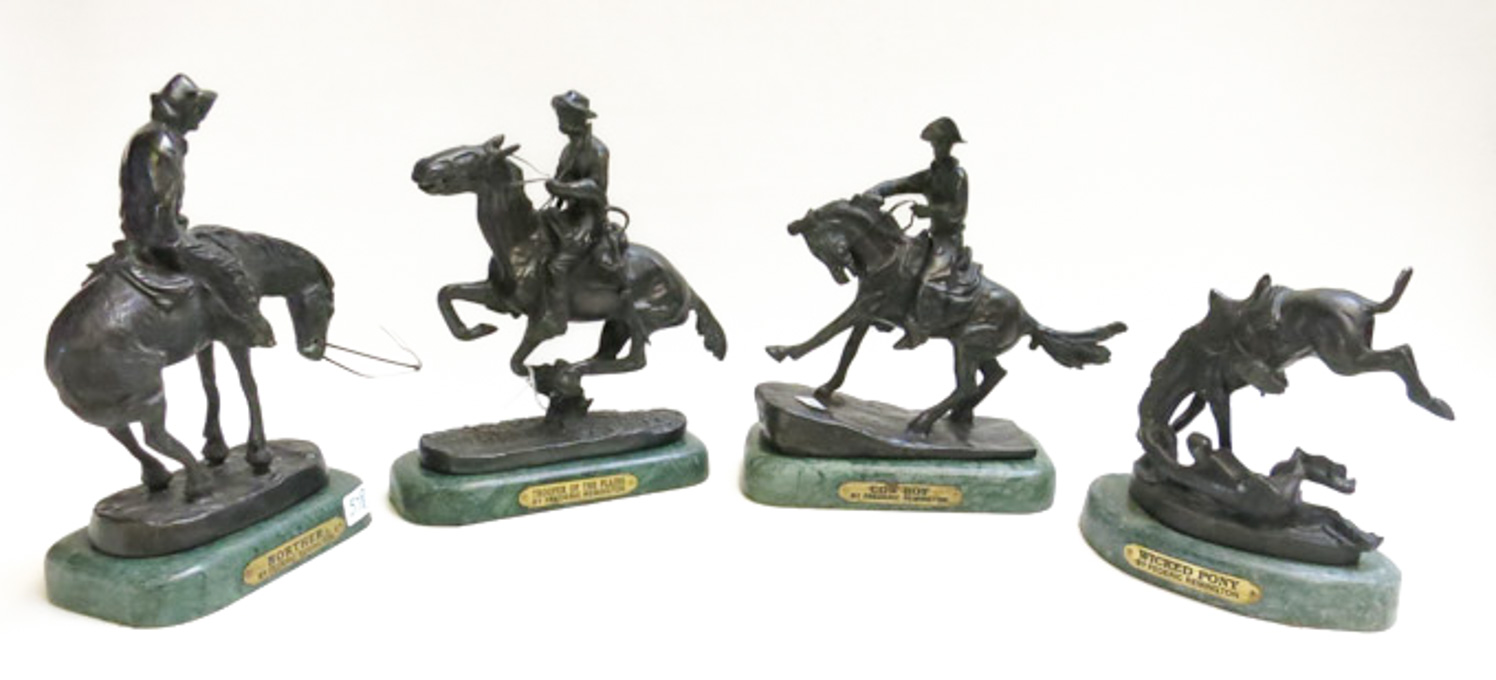 Appraisal: FOUR WESTERN BRONZE SCULPTURES after Frederic Sackrider Remington American -