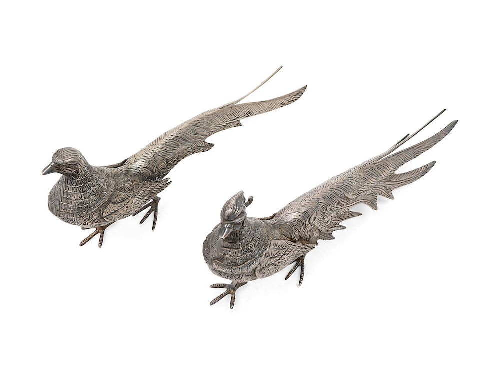 Appraisal: Two Silvered Metal Pheasants LATE TH CENTURY Two Silvered Metal