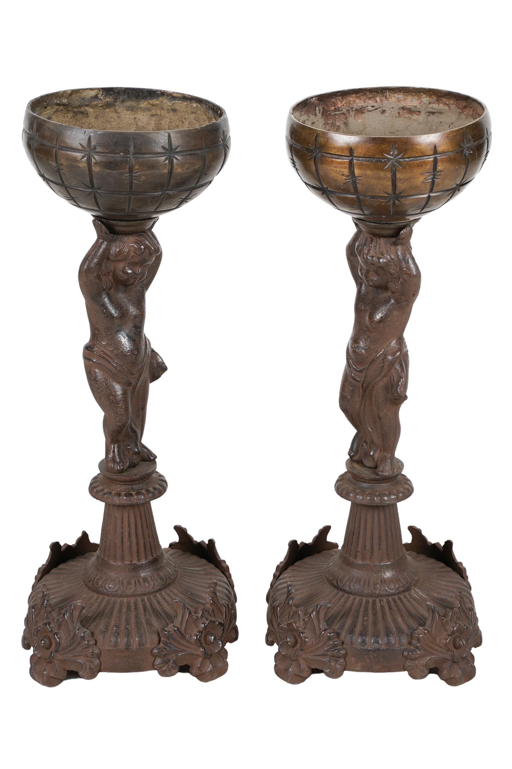 Appraisal: PAIR OF IRON PATINATED BRONZE FIGURAL PLANTERS each with round