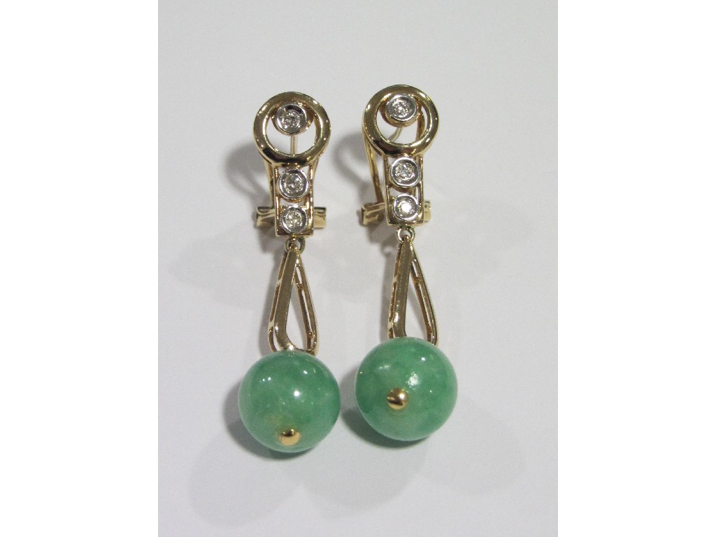 Appraisal: ct yellow gold diamond and jade set drop earrings