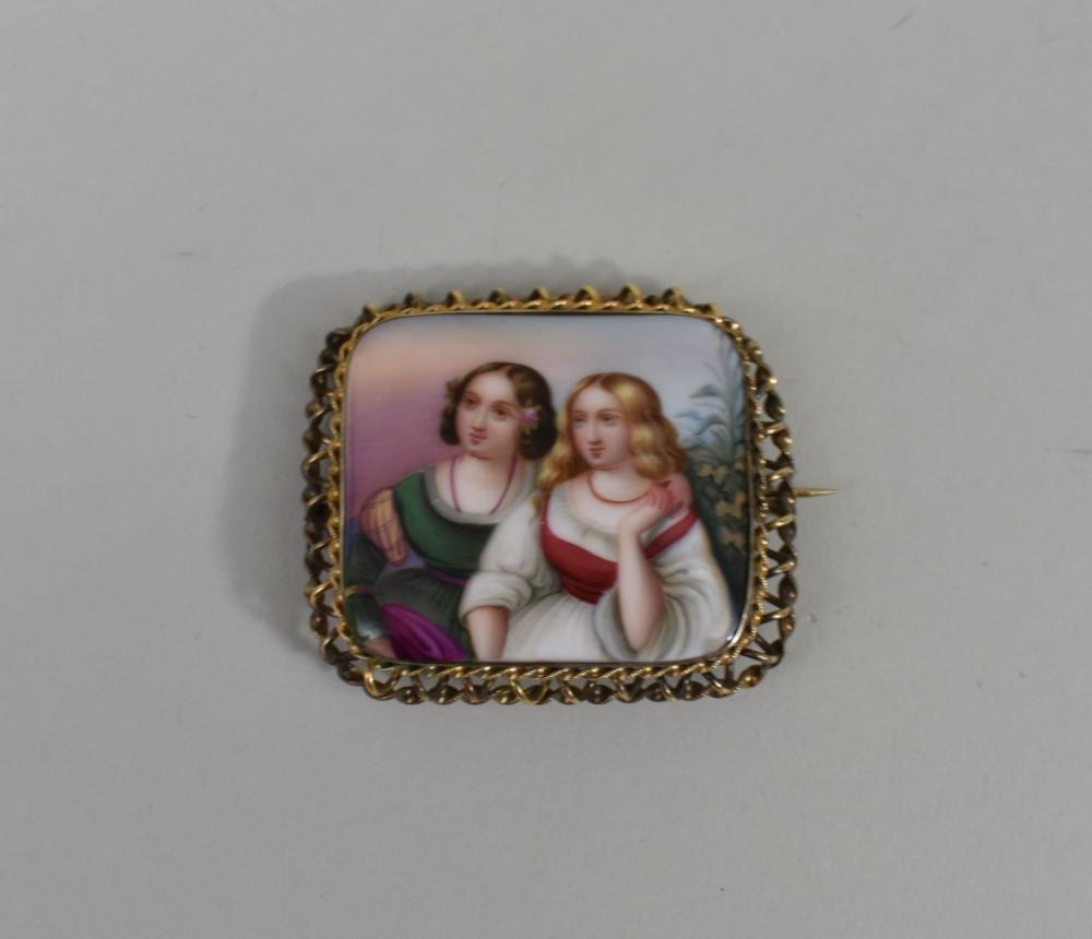 Appraisal: CONTINENTAL PAINTED PORCELAIN BROOCHLate th Century Unmarked Rectangular decorated with