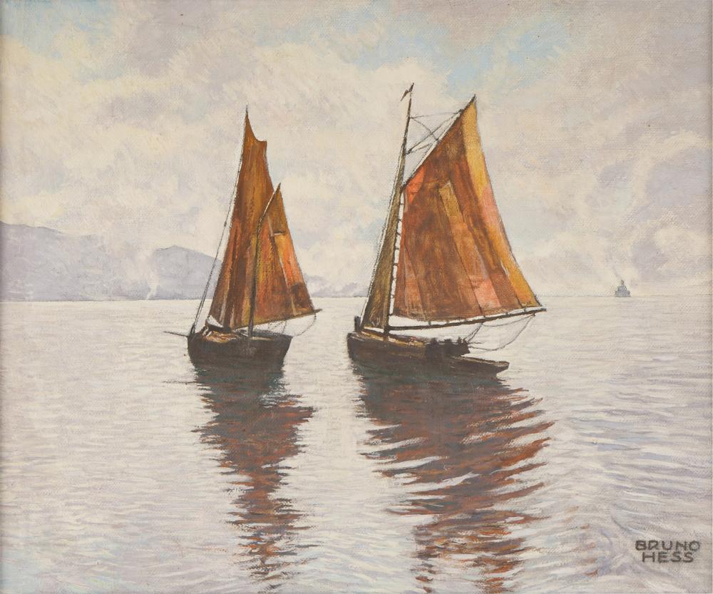 Appraisal: BRUNO HESS - BOATS IN HARBORoil on canvas signed lower