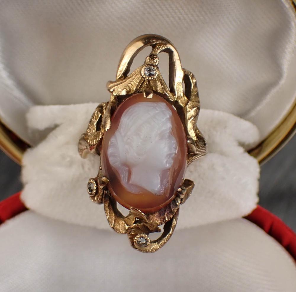 Appraisal: VINTAGE CAMEO DIAMOND AND FOURTEEN KARAT GOLD RING The k