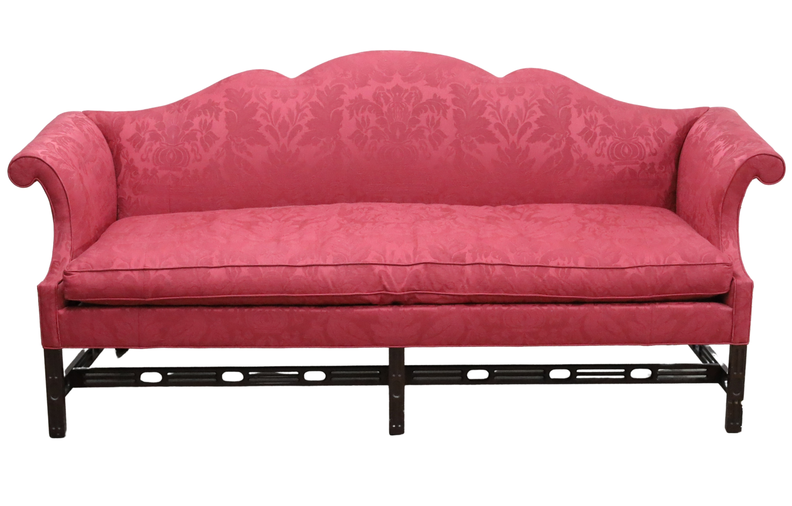 Appraisal: CHINESE CHIPPENDALE STYLE ROLLOVER ARM SOFA Chinese Chippendale style rollover