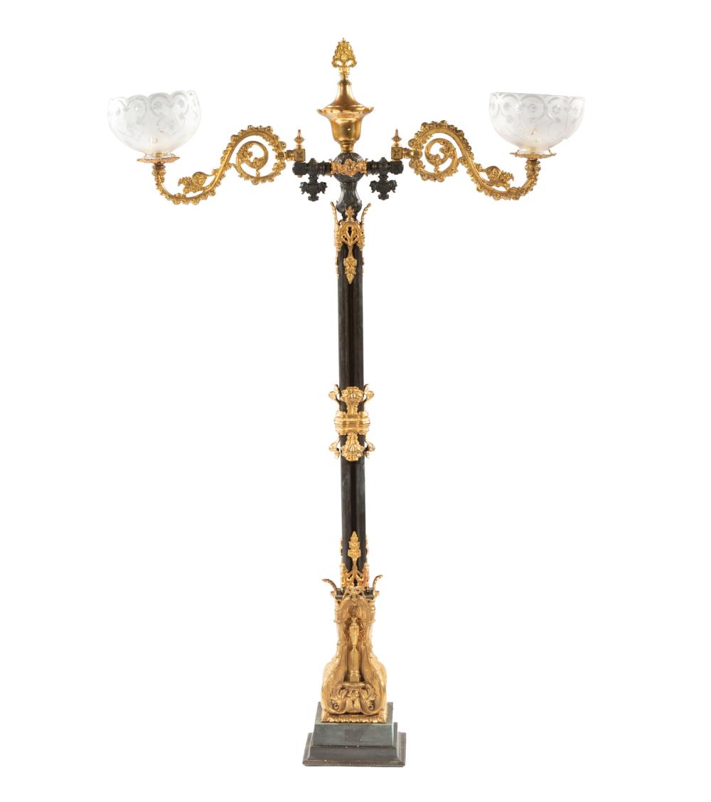 Appraisal: American Gilt and Patinated Bronze Two-Light Gas Torchere mid- th