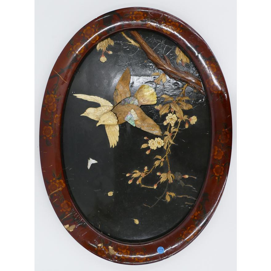 Appraisal: Japanese Lacquered Bone Applique Bird Plaque ''x '' - Scattered