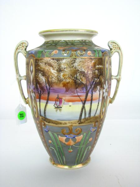 Appraisal: Nippon Hand Painted Handled Vase with waterfront scenic decoration ''