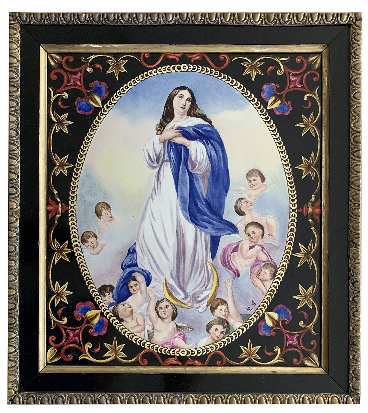 Appraisal: SIGNED RELIGIOUS PAINTING ON PORCELAIN Madonna Surrounded by Angels ''