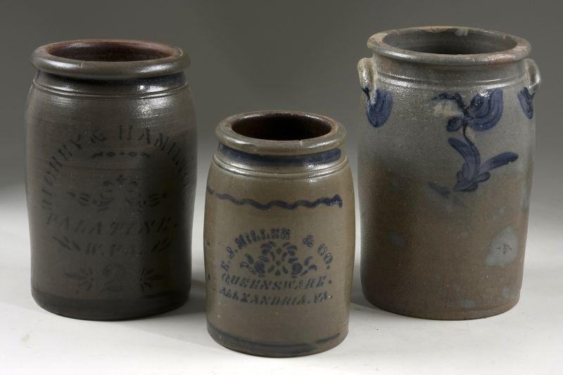 Appraisal: Three Pieces of Virginia Salt Glazed Stoneware a crock stenciled