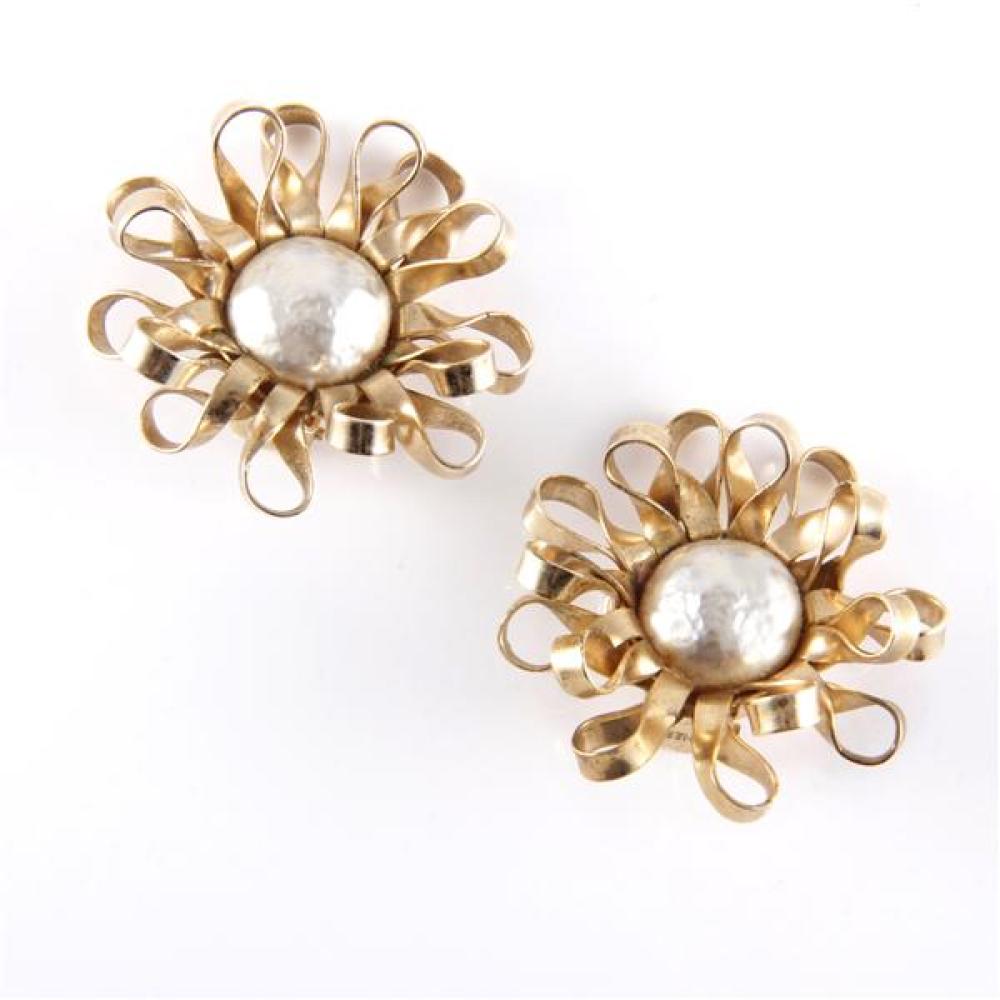 Appraisal: NAPIER OPENWORK PLEATED GOLD TONED FLOWER EARRINGS WITH BAROQUE PEARL