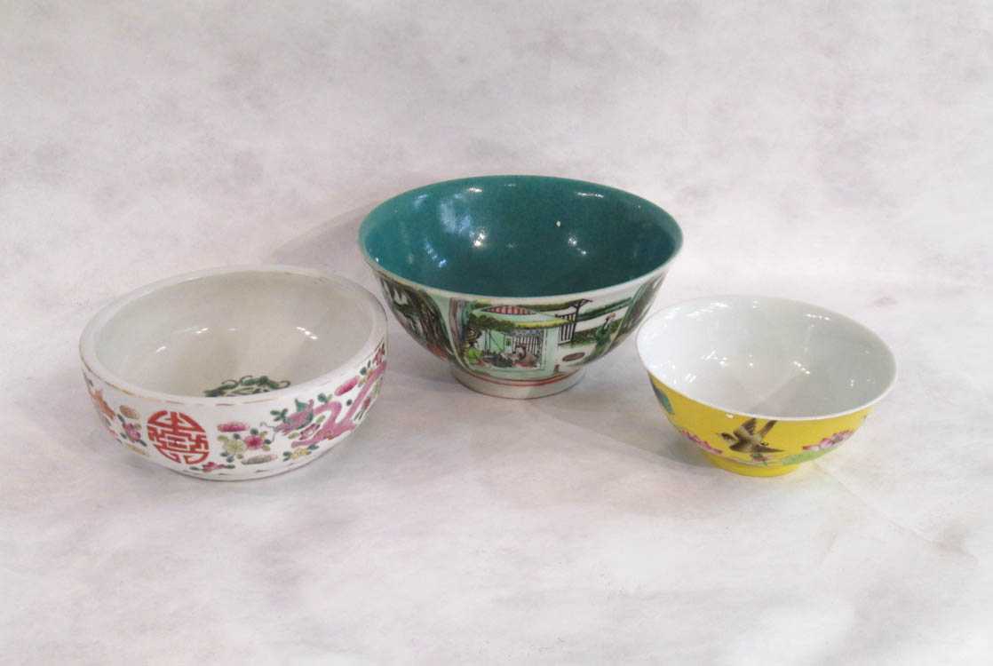 Appraisal: THREE CHINESE PORCELAIN BOWLS in varying patterns and glazes each