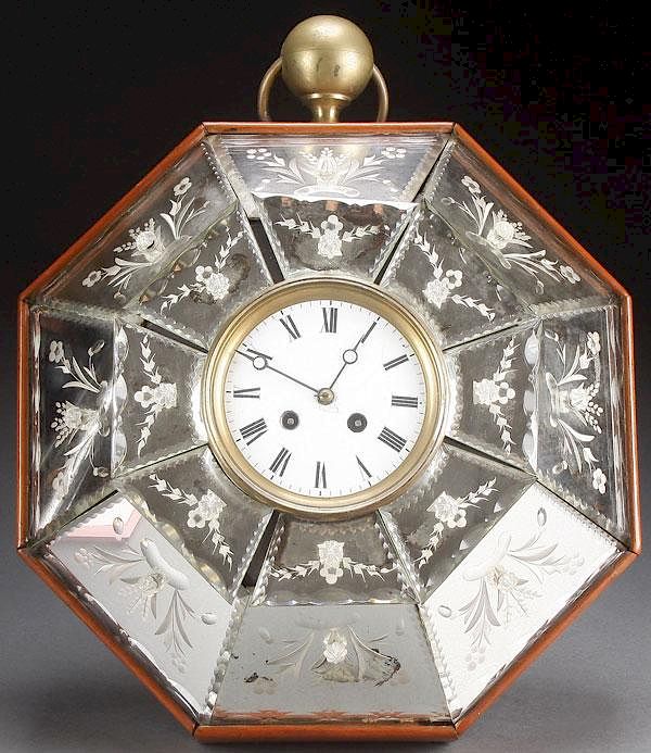 Appraisal: AN INTERESTING ETCHED MIRRORED GLASS WALL CLOCK AN INTERESTING ETCHED