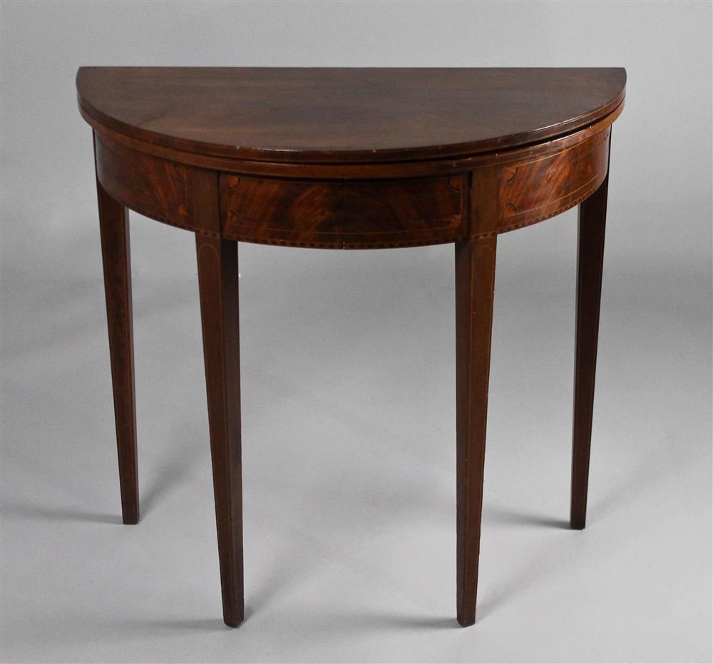 Appraisal: FEDERAL STYLE INLAID MAHOGANY DEMILUNE CARD TABLE having a hinged