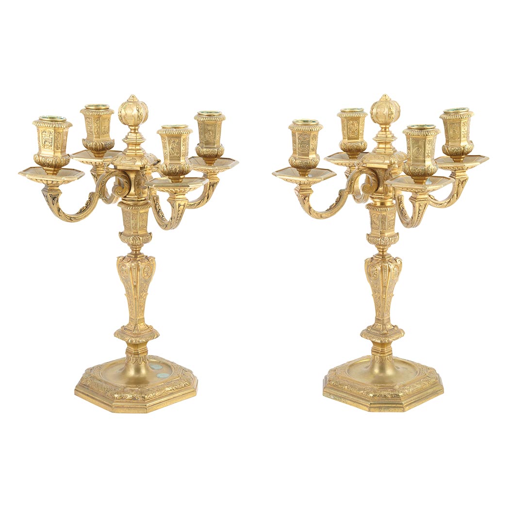 Appraisal: Pair of Louis XIV Style Gilt-Bronze Four-Light Candelabra Each detachable