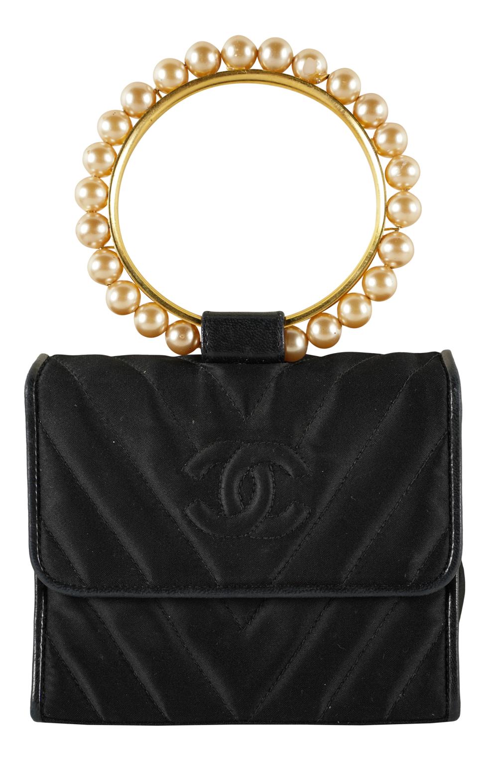 Appraisal: CHANEL BLACK QUILTED SILK FAUX PEARL EVENING BAGwith label card