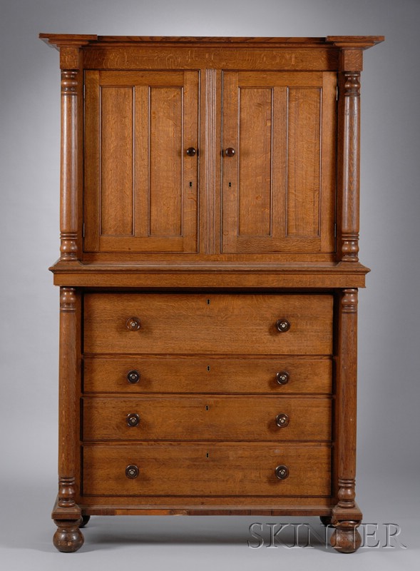 Appraisal: Quarter-sawn Oak and Grain Painted Two-Part Butler's Desk Bureau mother-of-pearl