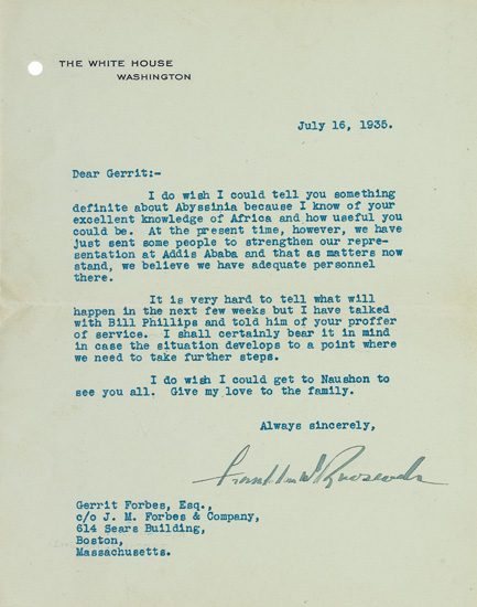 Appraisal: ROOSEVELT FRANKLIN D Typed Letter Signed as President to Gerrit