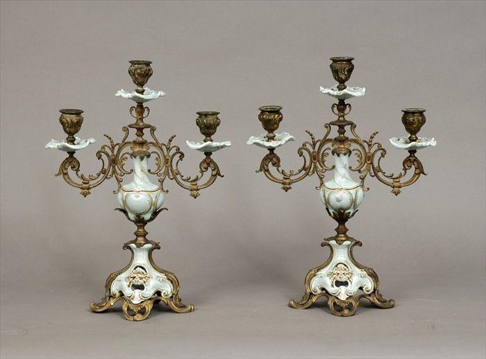 Appraisal: Pair of Louis XV-Style Gilt-Metal Mounted Porcelain Three-Light Candelabra x