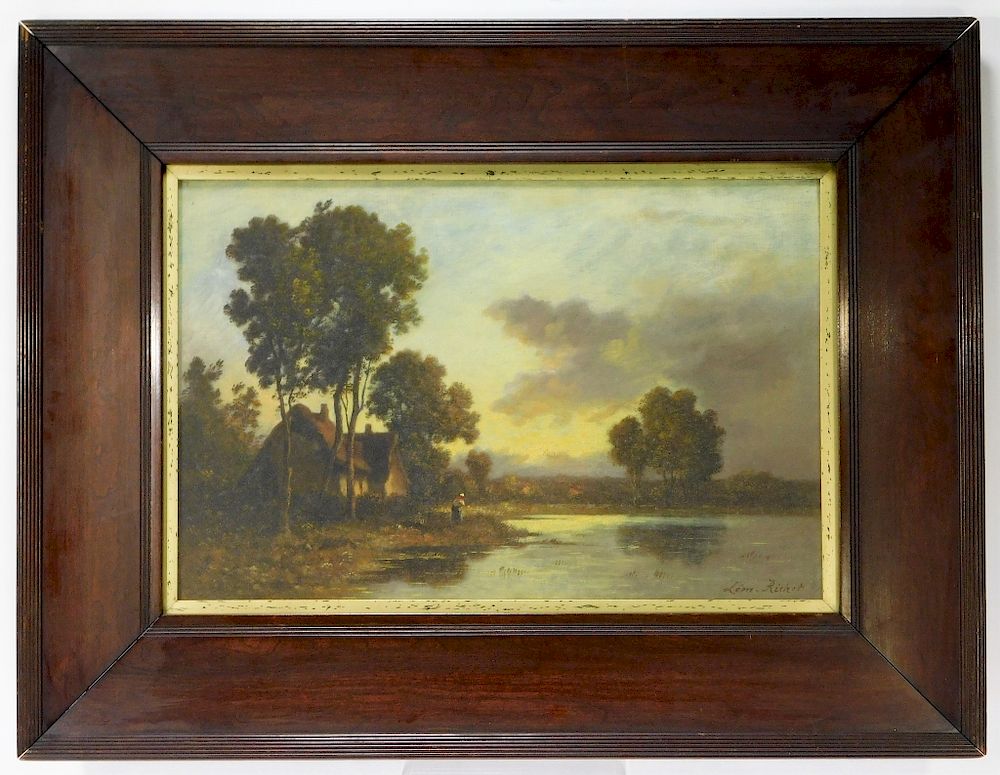 Appraisal: Leon Richet River Dawn Barbizon Landscape Painting Leon Richet France