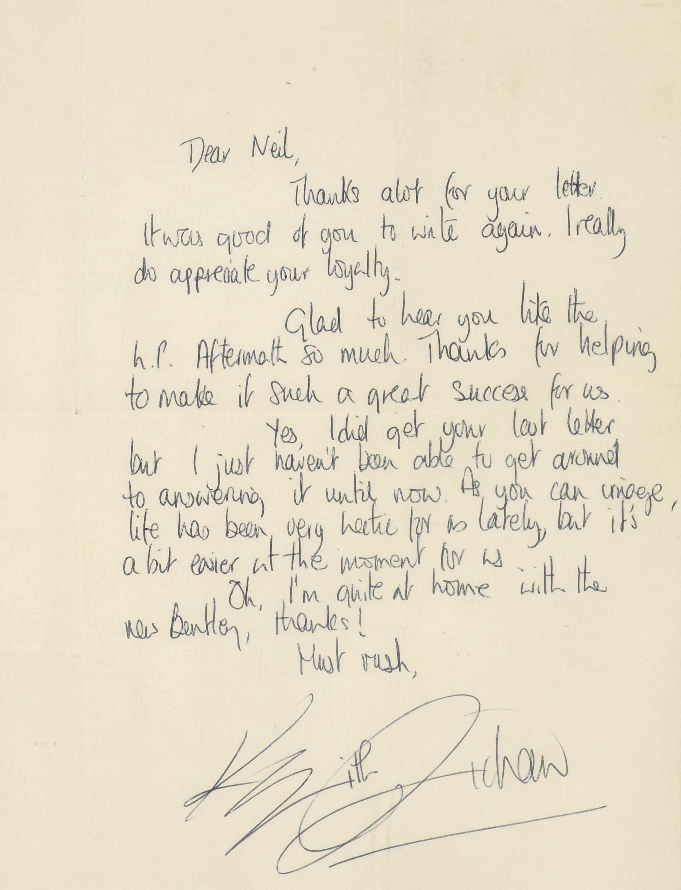 Appraisal: Rock Roll Memorabilia A Keith Richards handwritten letter addressed to