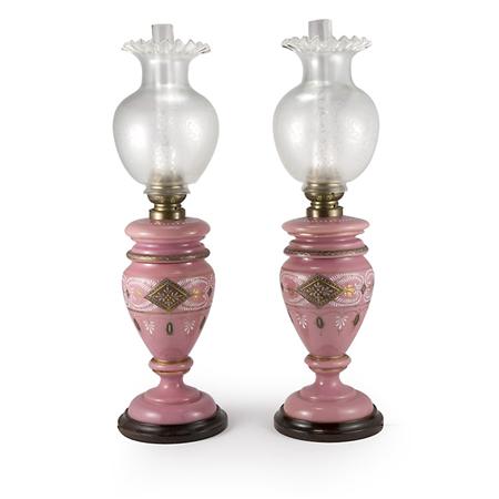 Appraisal: Pair of Continental Gilt and Enameled Molded Glass Lamps Estimate