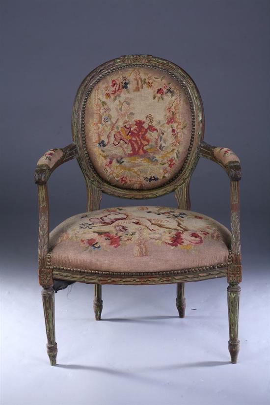 Appraisal: LOUIS XV STYLE STYLE FRUITWOOD FAUTEUIL early th century needlework