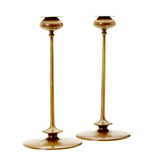 Appraisal: JARVIE Pair of Beta bronze candlesticks Replaced bobeches new patina