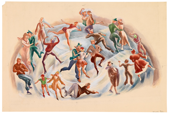 Appraisal: HOWARD COOK Ice Skaters Gouache and watercolor on cream wove