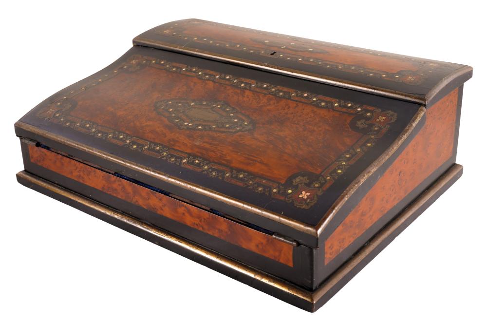 Appraisal: FRENCH BURR WALNUT EBONIZED LAP DESKwith interior plaque Maison Alph