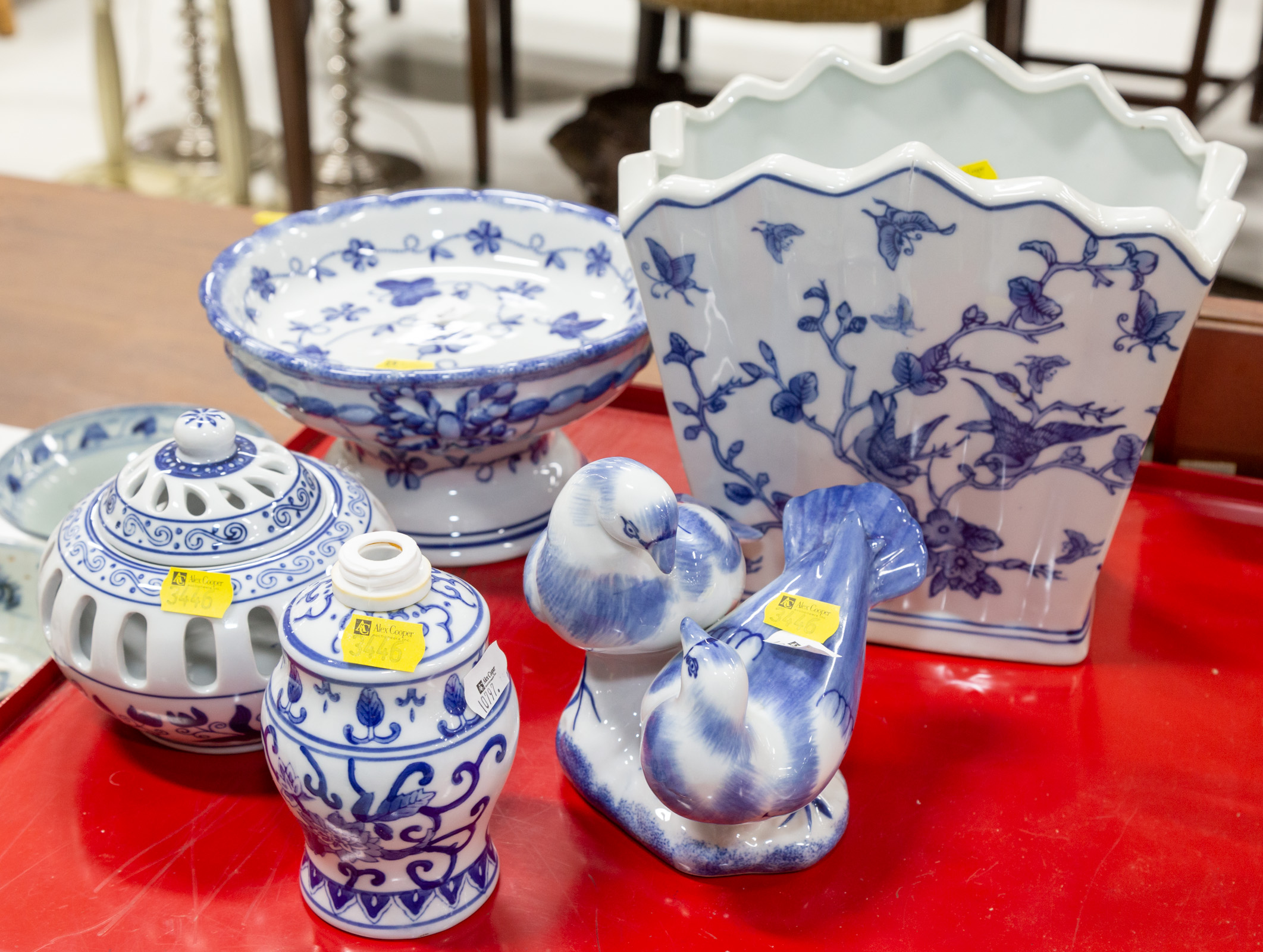 Appraisal: FIVE ASIAN STYLE BLUE WHITE CHINA ARTICLES Includes a vase