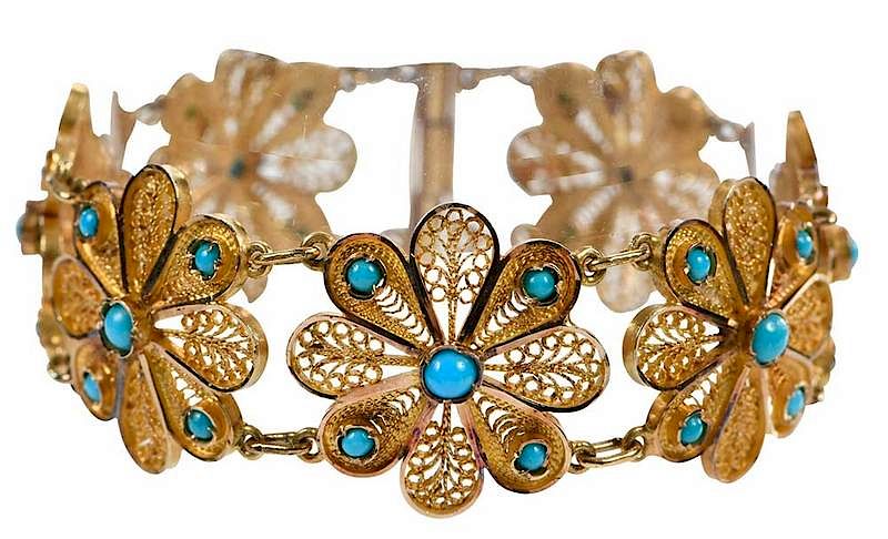 Appraisal: kt Bracelet cannetille style flowers round turquoise cabochons tested kt