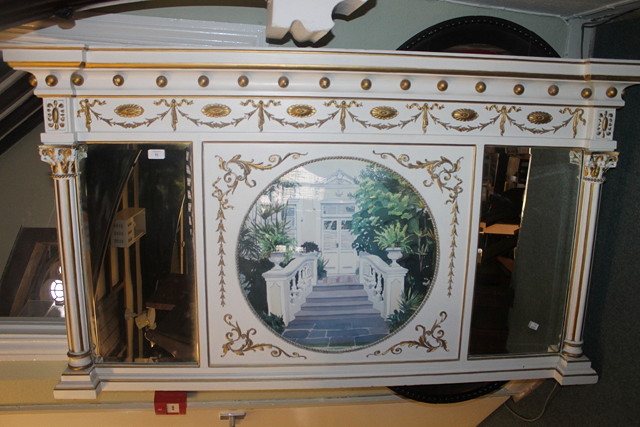 Appraisal: A REGENCY PAINTED OVERMANTEL MIRROR with central panel flanked by