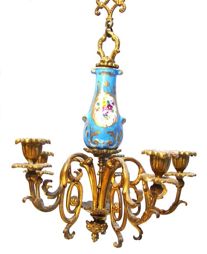 Appraisal: DIMINUTIVE FRENCH PORCELAIN AND BRONZE CANDLE CHANDELIER candle lights hand