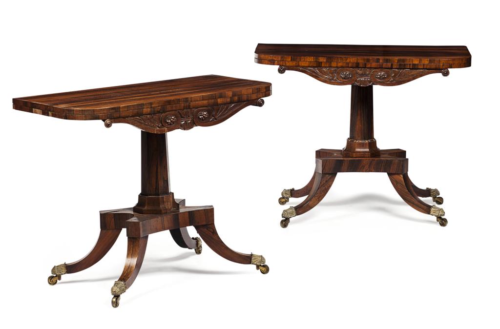 Appraisal: PAIR OF REGENCY ROSEWOOD FOLDOVER CARD TABLES CIRCA each rounded