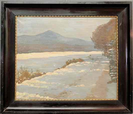 Appraisal: Oil on canvas winter landscape painting th c with a