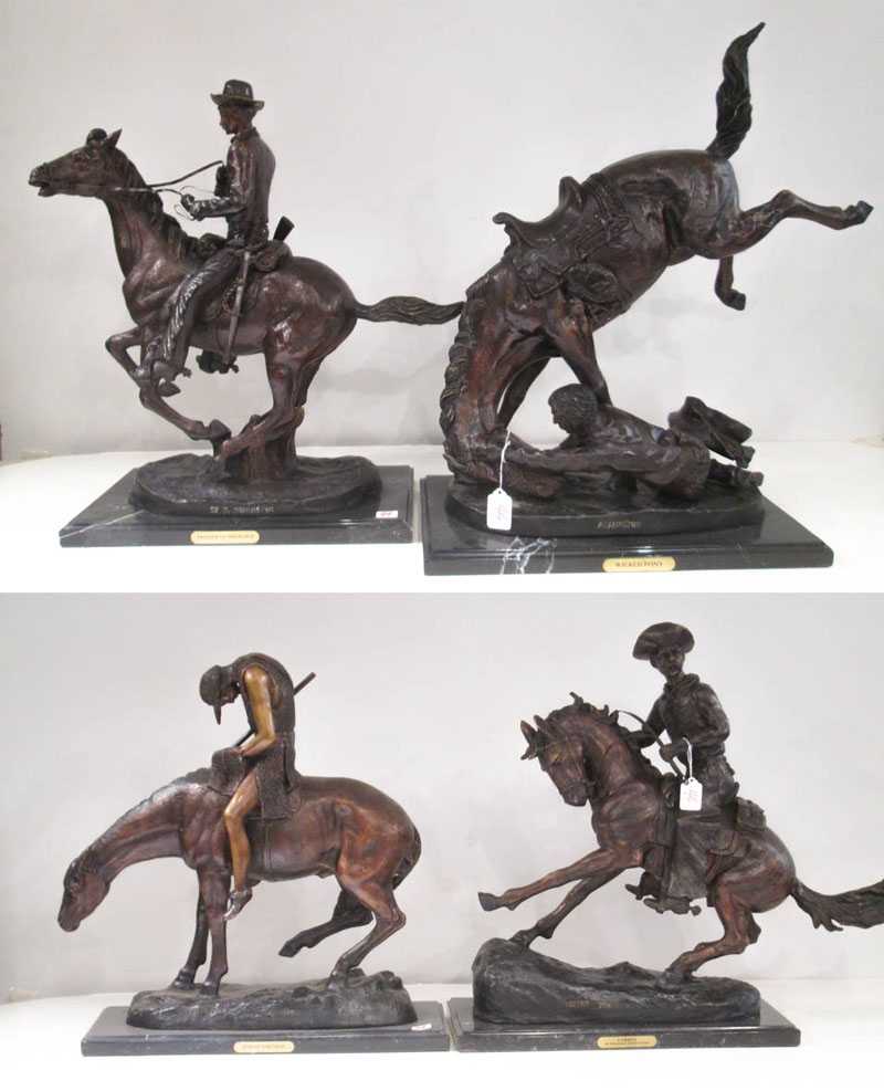 Appraisal: FOUR WESTERN BRONZE HORSE AND RIDER SCULPTURES after Frederic Sackrider