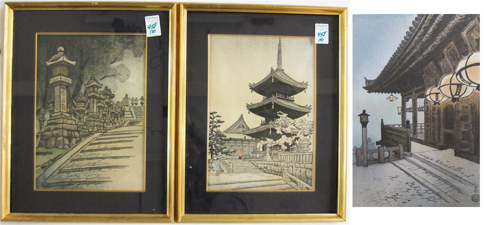 Appraisal: THREE JAPANESE COLOR WOODBLOCK PRINTS depicting temples and streets Images