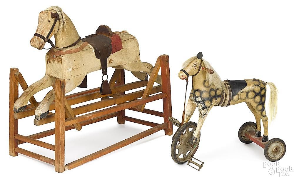 Appraisal: Unusual painted wood articulated horse tricycle Unusual painted wood articulated