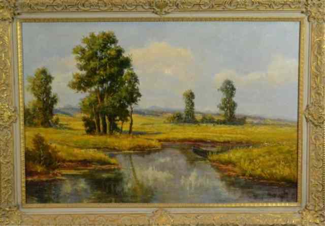 Appraisal: SIGNED BEHRENS OIL PAINTINGMasterful landscape with pond trees in foreground