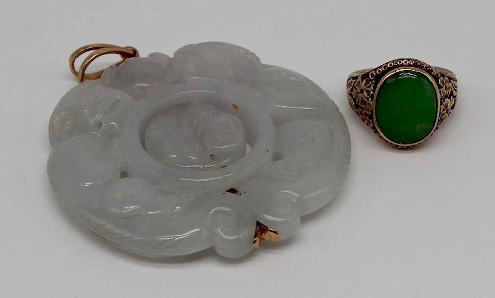 Appraisal: JEWELRY Jade Jewelry Grouping Includes a kt yellow gold mounted