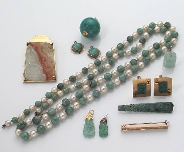 Appraisal: A collection of jade stone cultured pearl k gold and