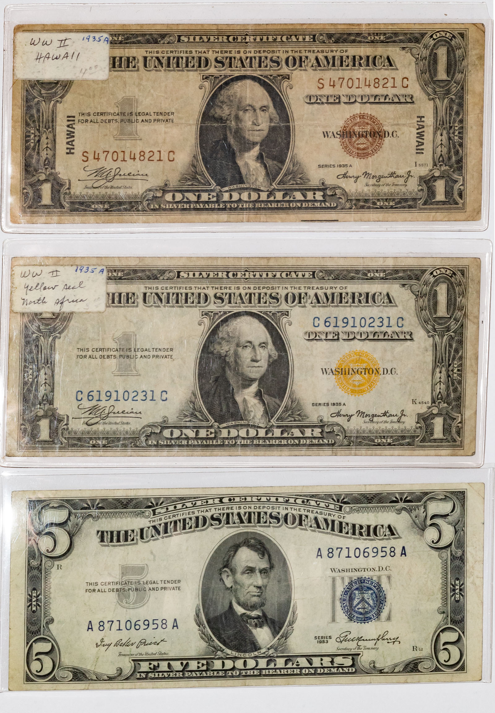 Appraisal: HAWAII N AFRICA SILVER CERTIFICATE Three different types of Silver