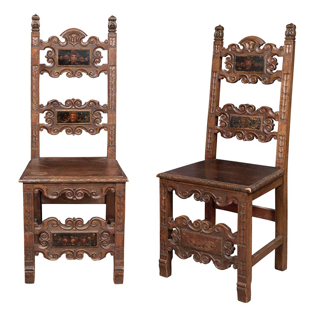 Appraisal: Pair of Renaissance Style Walnut and Part Painted Side Chairs