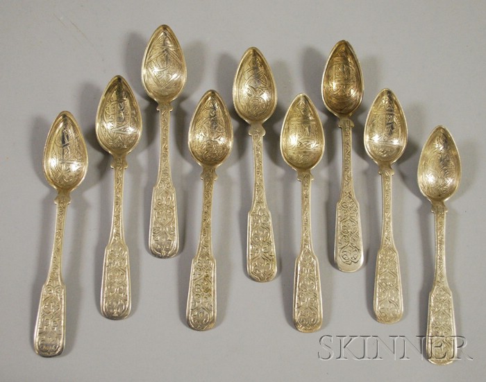 Appraisal: Nine Bright-cut Silver Teaspoons lg in approx troy oz